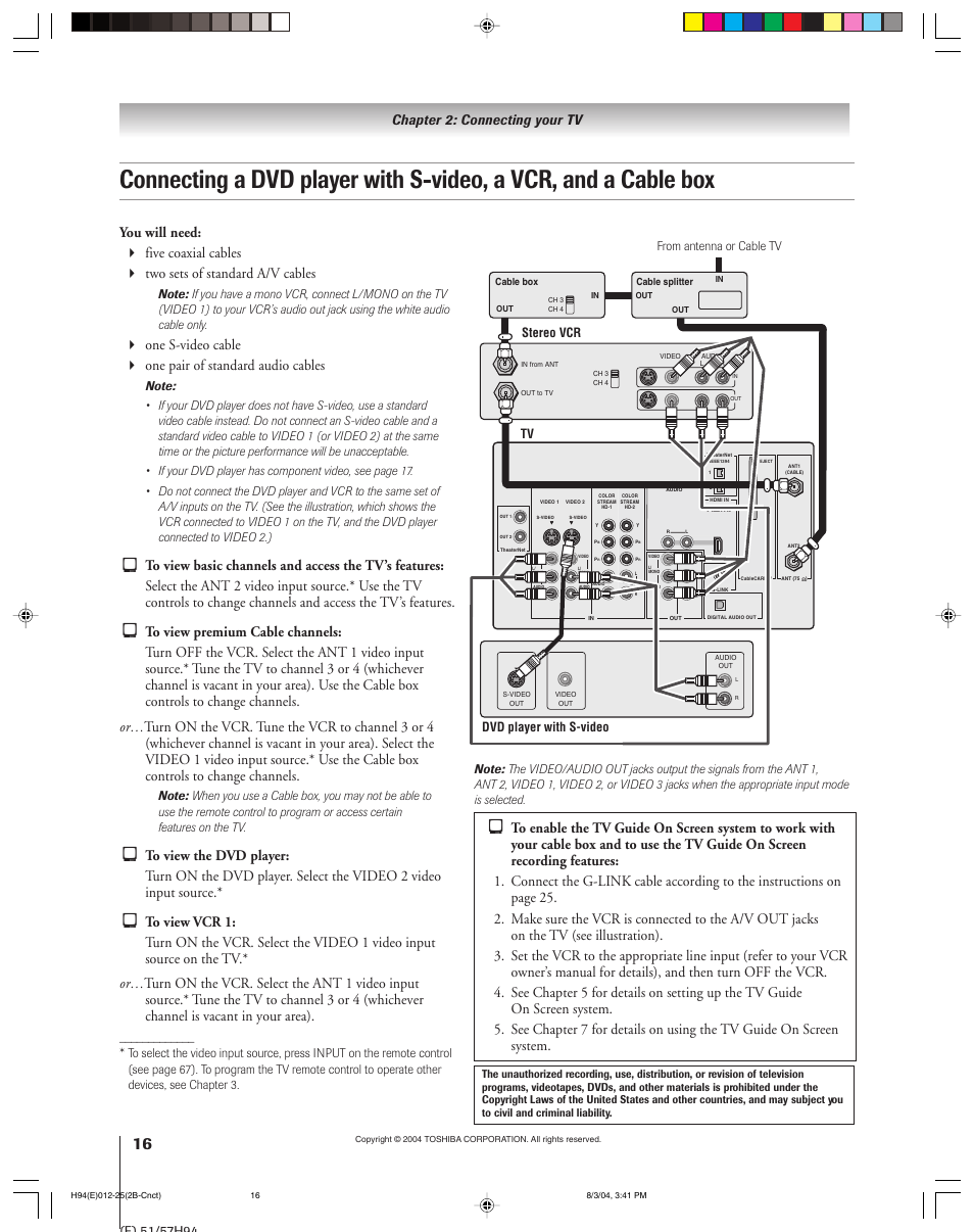 Chapter 2: connecting your tv | Toshiba 51H94 User Manual | Page 16 / 104