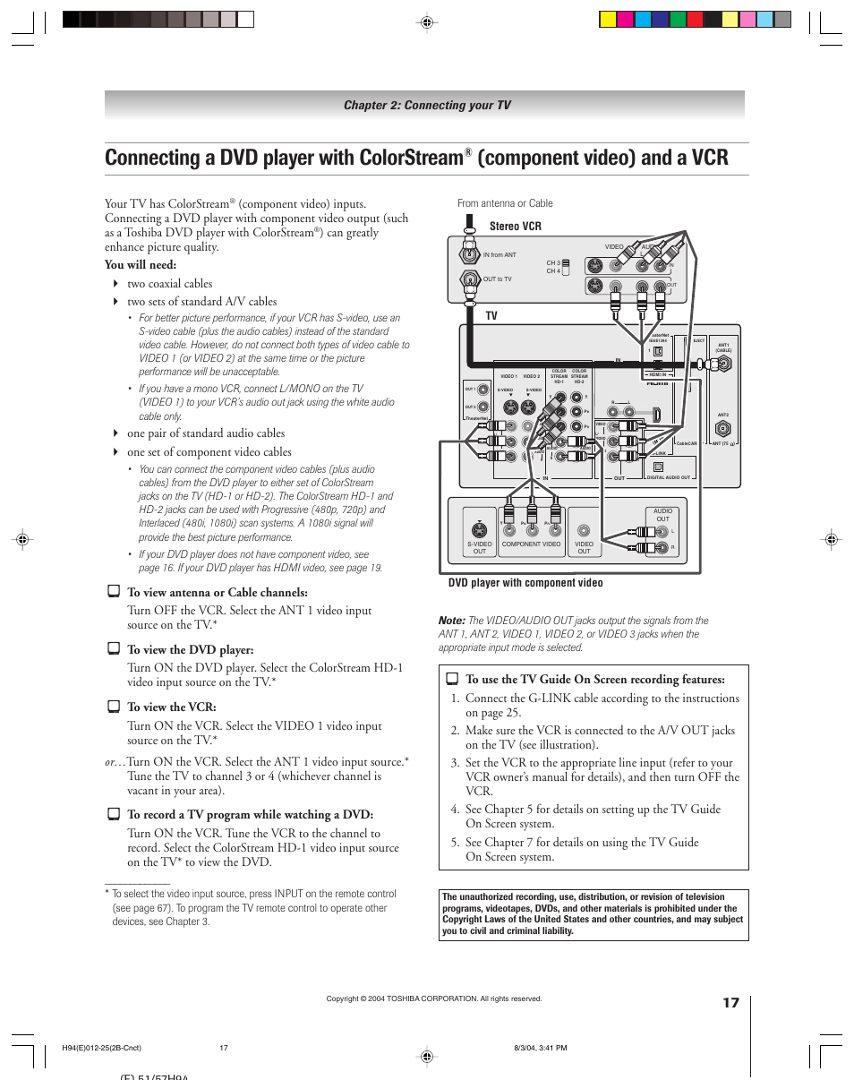 Connecting a dvd player with colorstream, Component video) and a vcr, Your tv has colorstream | Chapter 2: connecting your tv | Toshiba 51H94 User Manual | Page 17 / 104