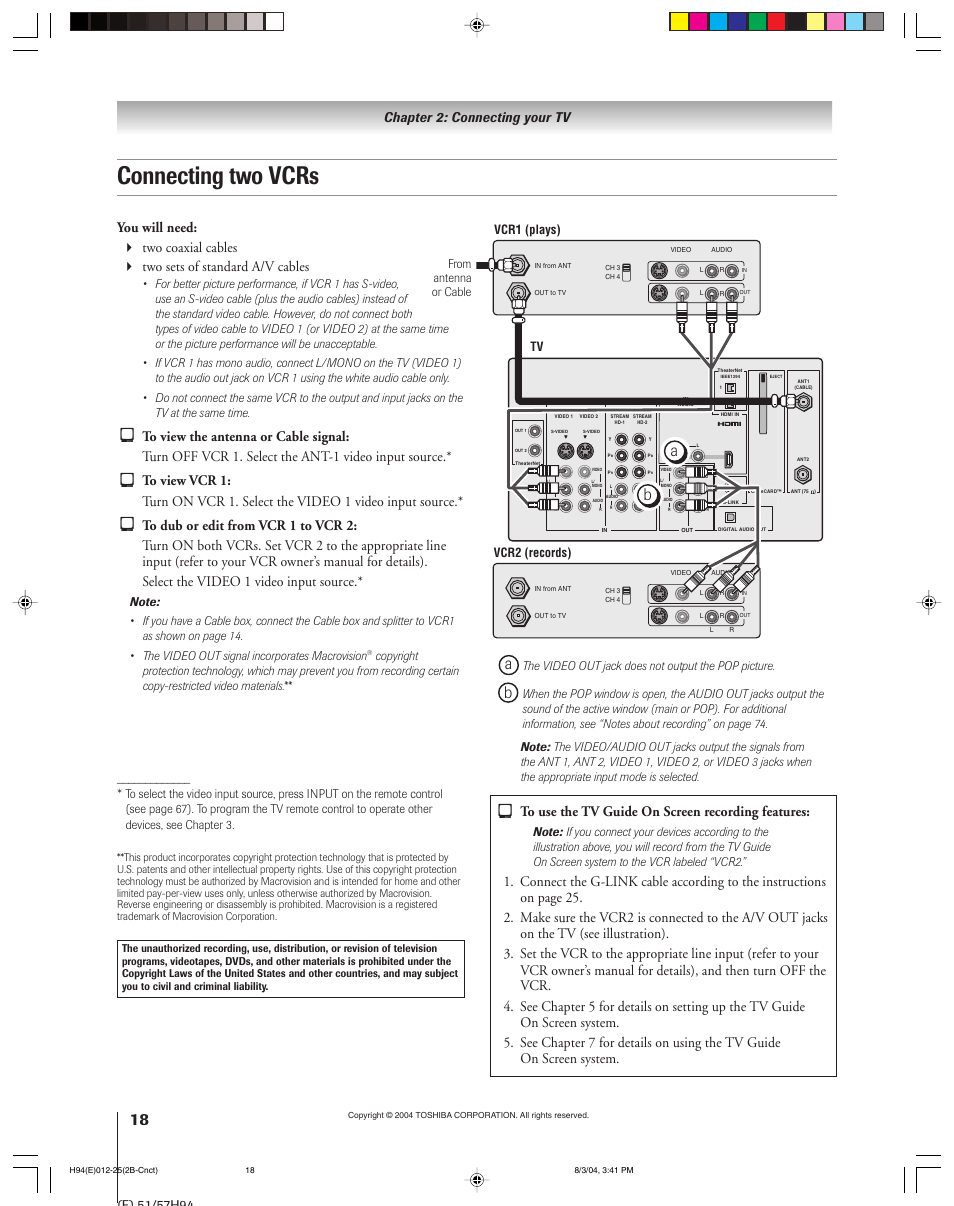 Connecting two vcrs, Chapter 2: connecting your tv | Toshiba 51H94 User Manual | Page 18 / 104