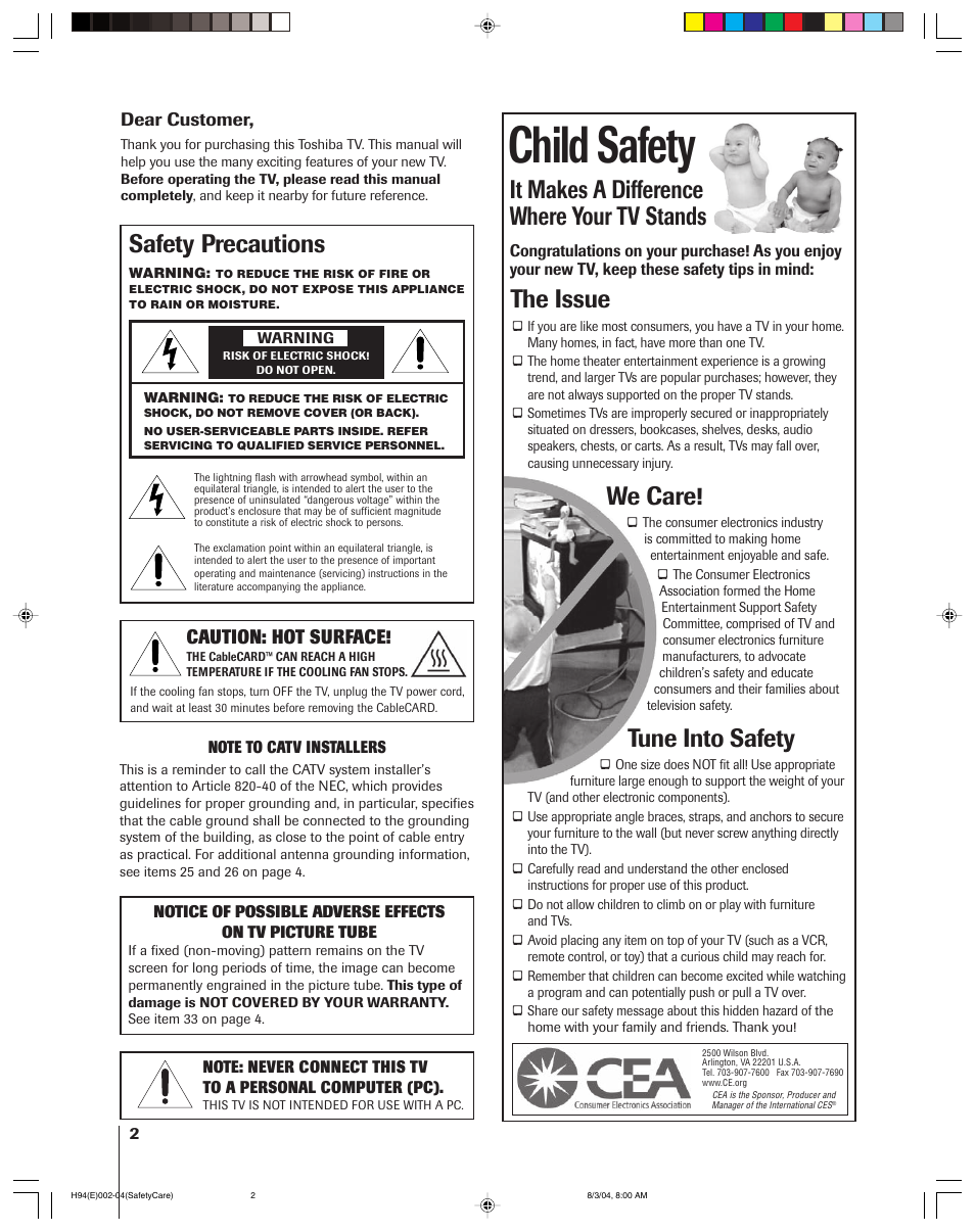 Child safety, It makes a difference where your tv stands, The issue | We care, Tune into safety, Safety precautions, Caution: hot surface, Dear customer | Toshiba 51H94 User Manual | Page 2 / 104