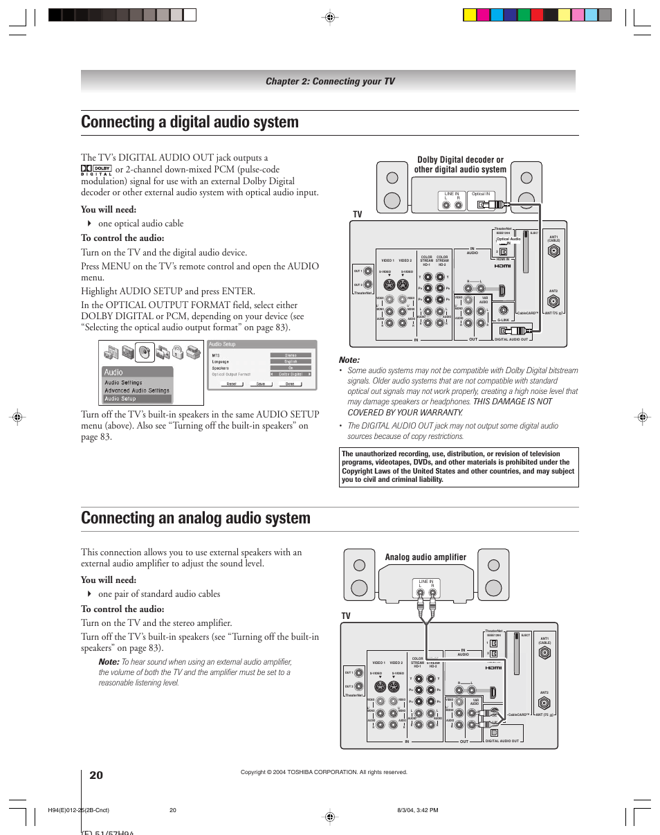 Connecting a digital audio system, Connecting an analog audio system, Chapter 2: connecting your tv | Tv analog audio amplifier, Audio | Toshiba 51H94 User Manual | Page 20 / 104