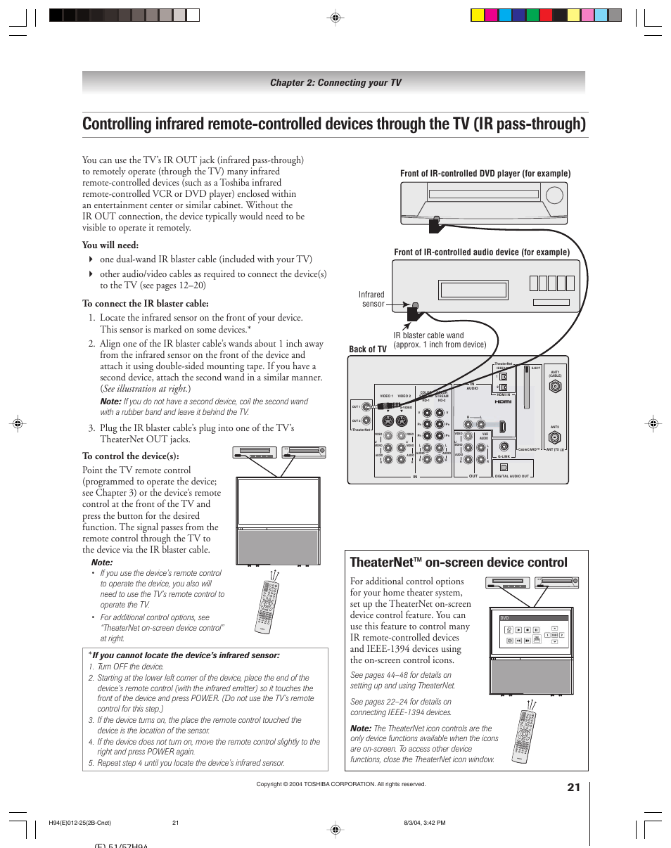 Theaternet™ on-screen device control | Toshiba 51H94 User Manual | Page 21 / 104