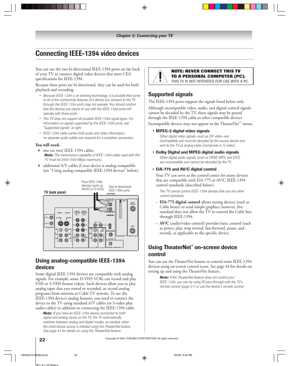 Connecting ieee-1394 video devices, Using analog-compatible ieee-1394 devices, Supported signals | Using theaternet, On-screen device control, You will need: one (or two) ieee-1394 cables, Menu, Chapter 2: connecting your tv, Mpeg-2 digital video signals, Dolby digital and mpeg digital audio signals | Toshiba 51H94 User Manual | Page 22 / 104