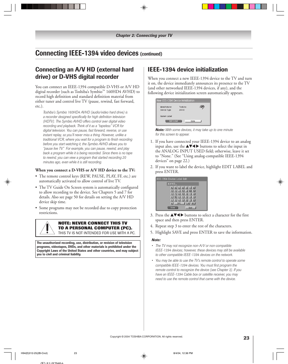 Connecting ieee-1394 video devices, Ieee-1394 device initialization | Toshiba 51H94 User Manual | Page 23 / 104