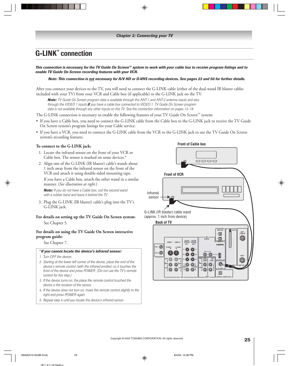 G-link, Connection, Chapter 2: connecting your tv | Toshiba 51H94 User Manual | Page 25 / 104
