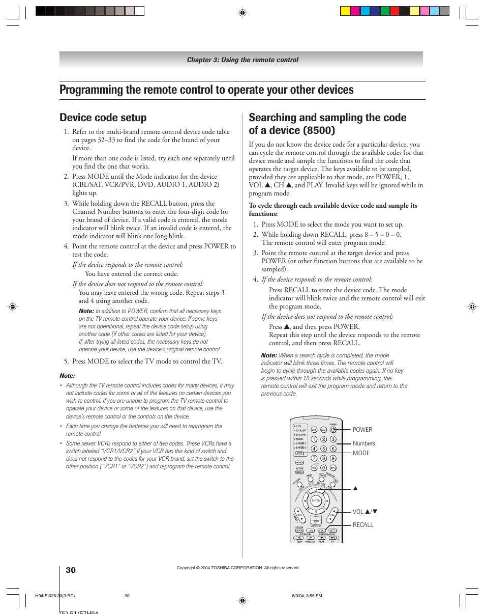 Searching and sampling the code of a device (8500), Device code setup | Toshiba 51H94 User Manual | Page 30 / 104