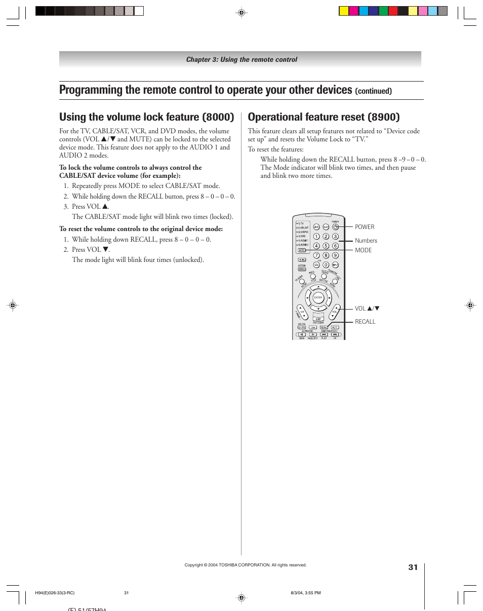 Operational feature reset (8900), Using the volume lock feature (8000), Continued) | Toshiba 51H94 User Manual | Page 31 / 104