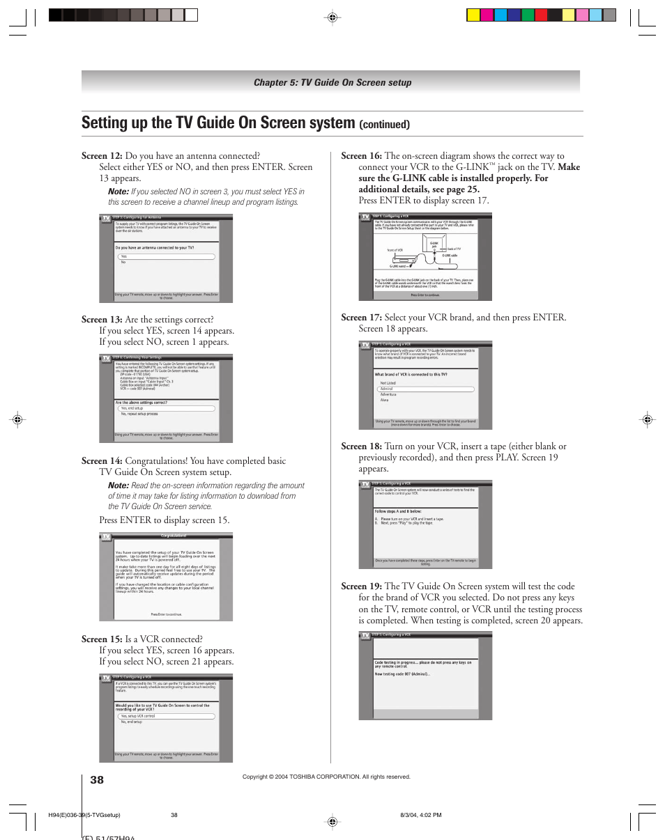 Setting up the tv guide on screen system | Toshiba 51H94 User Manual | Page 38 / 104