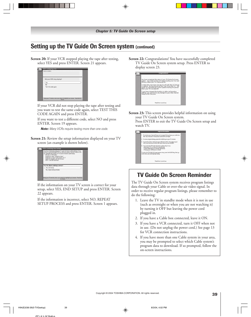 Setting up the tv guide on screen system, Tv guide on screen reminder | Toshiba 51H94 User Manual | Page 39 / 104