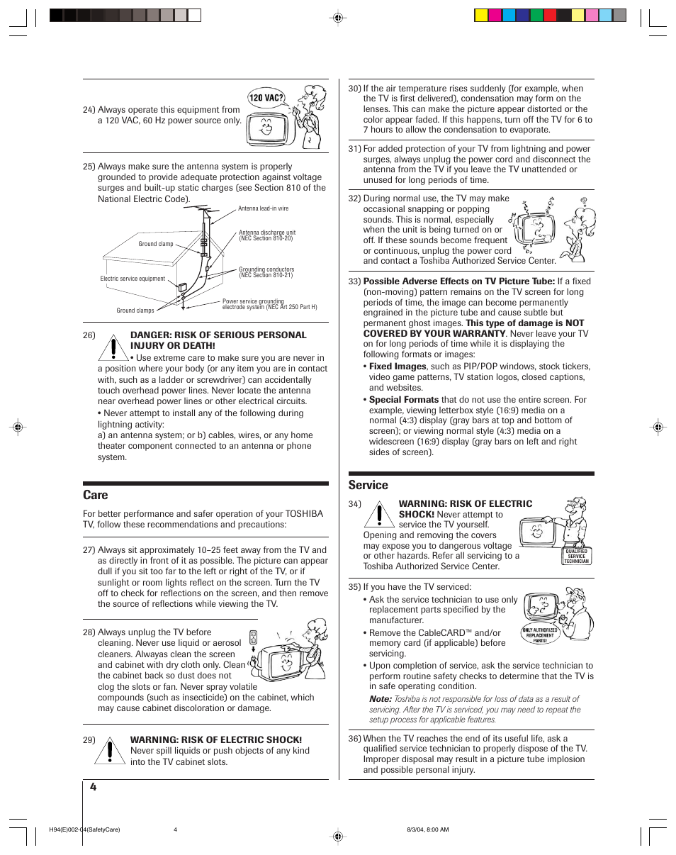 Service, Care | Toshiba 51H94 User Manual | Page 4 / 104