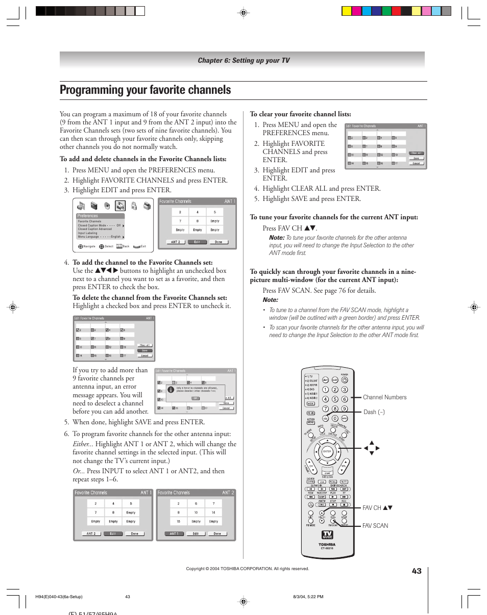 Programming your favorite channels | Toshiba 51H94 User Manual | Page 43 / 104