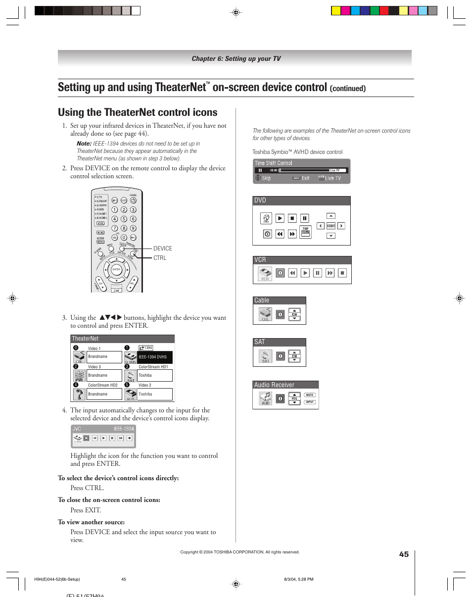 Setting up and using theaternet, On-screen device control, Using the theaternet control icons | Continued) | Toshiba 51H94 User Manual | Page 45 / 104