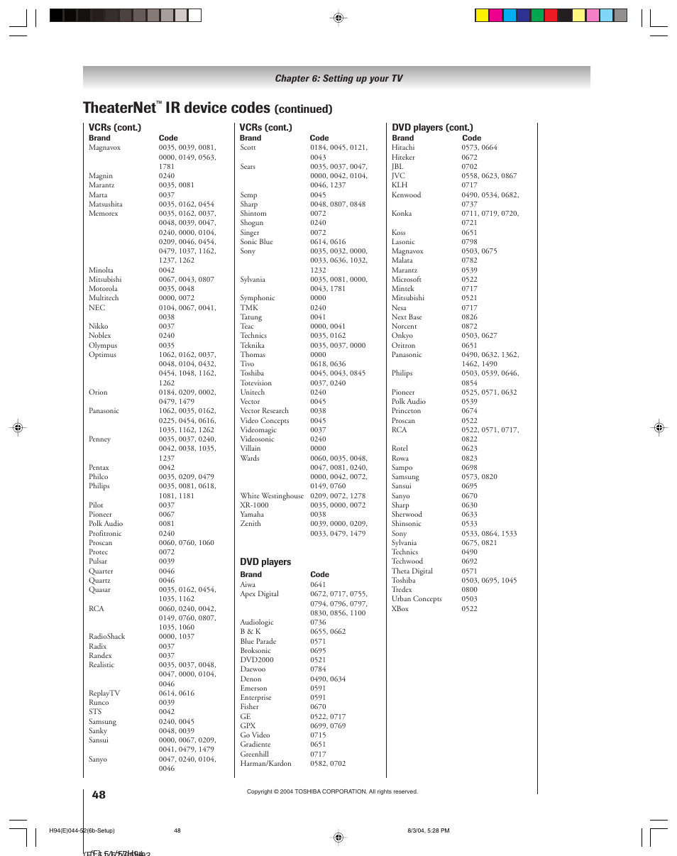 Theaternet, Ir device codes, Continued) | Toshiba 51H94 User Manual | Page 48 / 104