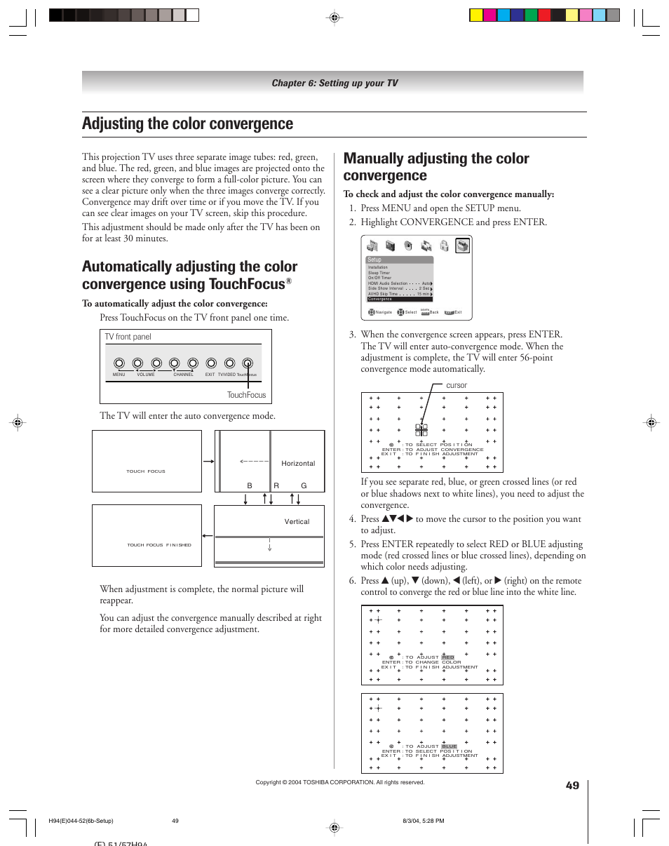 Adjusting the color convergence, Manually adjusting the color convergence, Chapter 6: setting up your tv | Toshiba 51H94 User Manual | Page 49 / 104