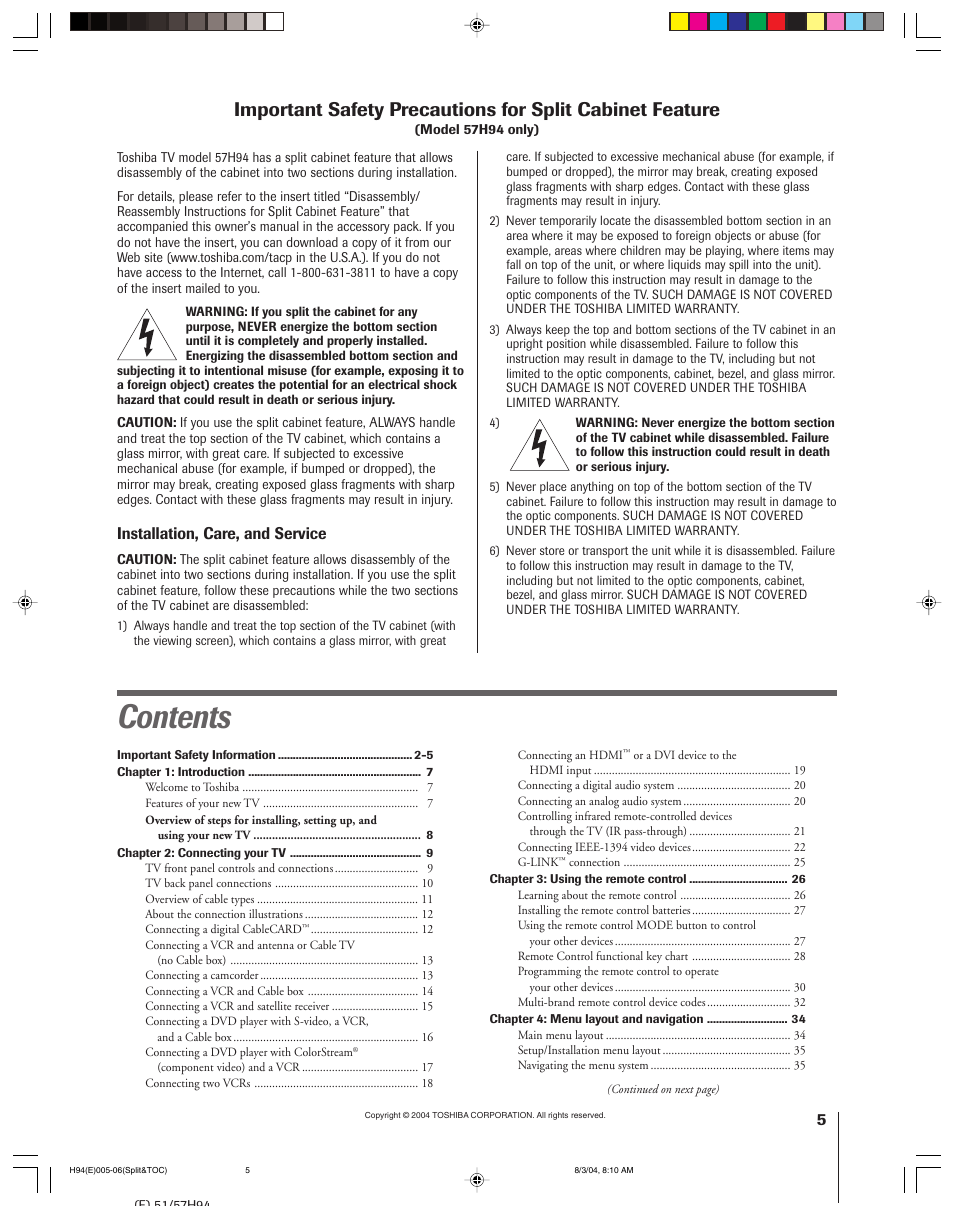 Toshiba 51H94 User Manual | Page 5 / 104