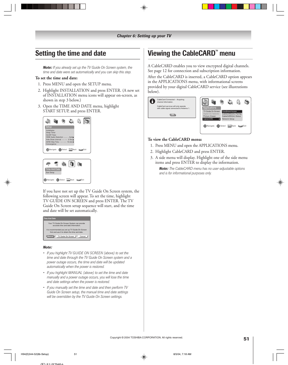Setting the time and date, Viewing the cablecard, Menu | Chapter 6: setting up your tv | Toshiba 51H94 User Manual | Page 51 / 104
