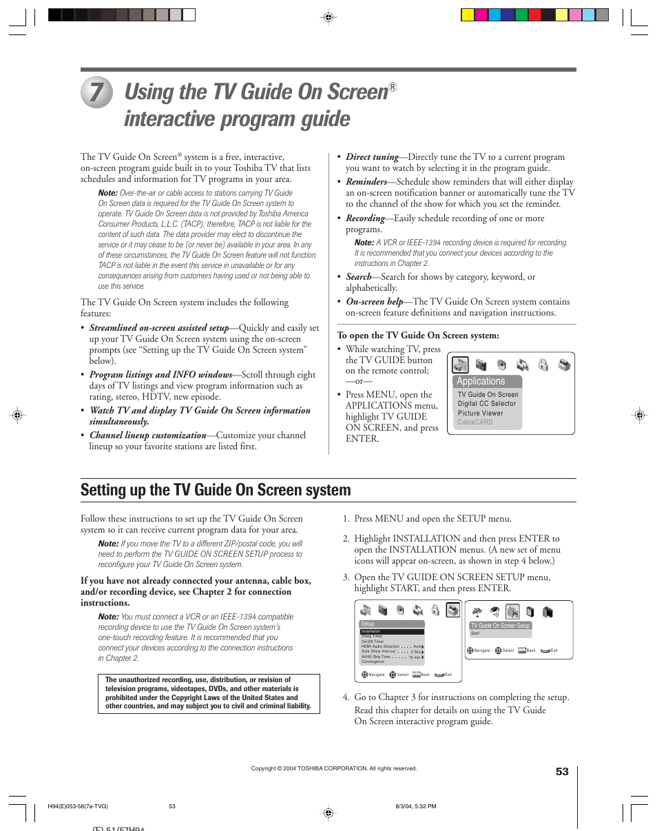 Using the tv guide on screen, Interactive program guide, Setting up the tv guide on screen system | Applications | Toshiba 51H94 User Manual | Page 53 / 104