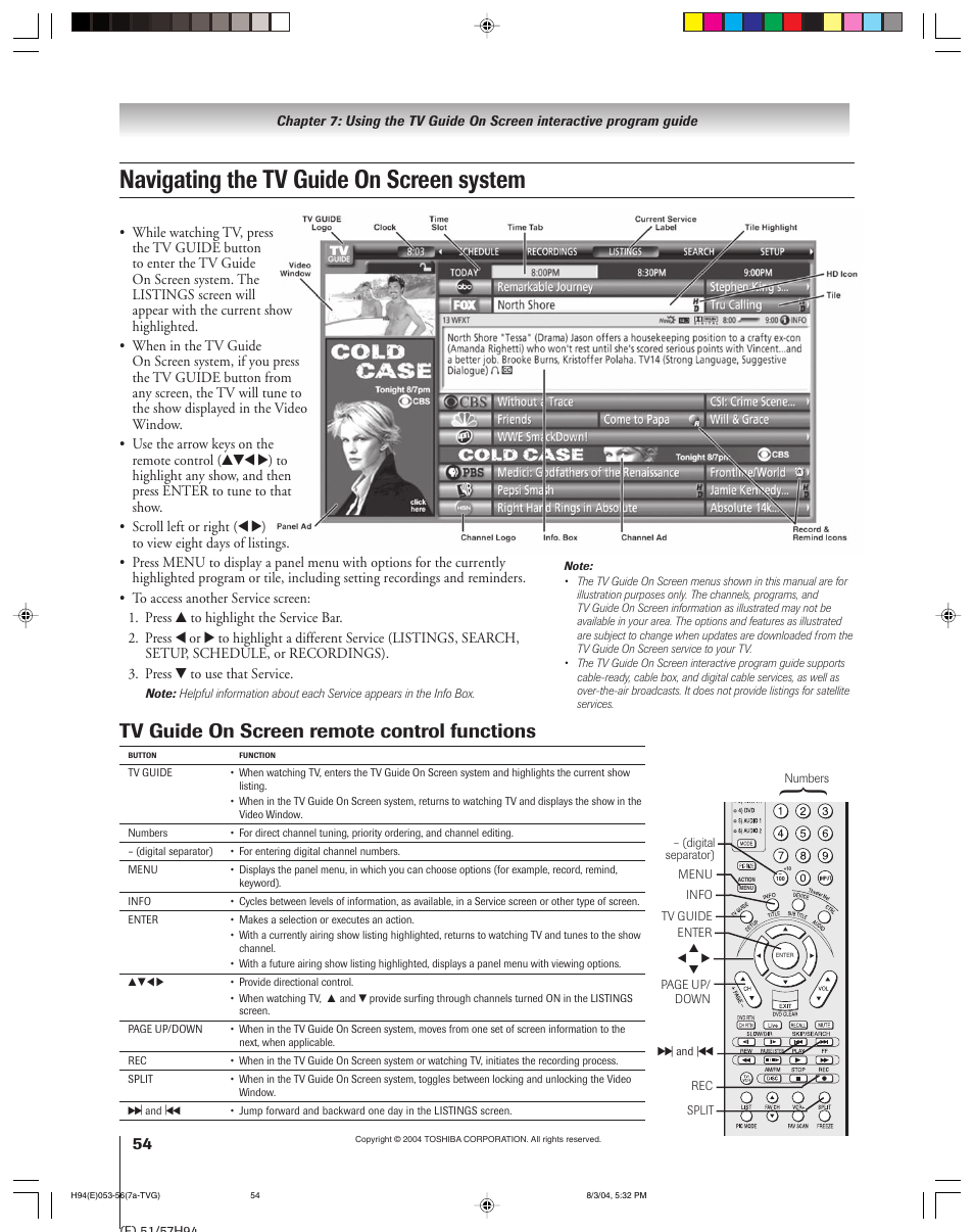 Navigating the tv guide on screen system, Tv guide on screen remote control functions | Toshiba 51H94 User Manual | Page 54 / 104