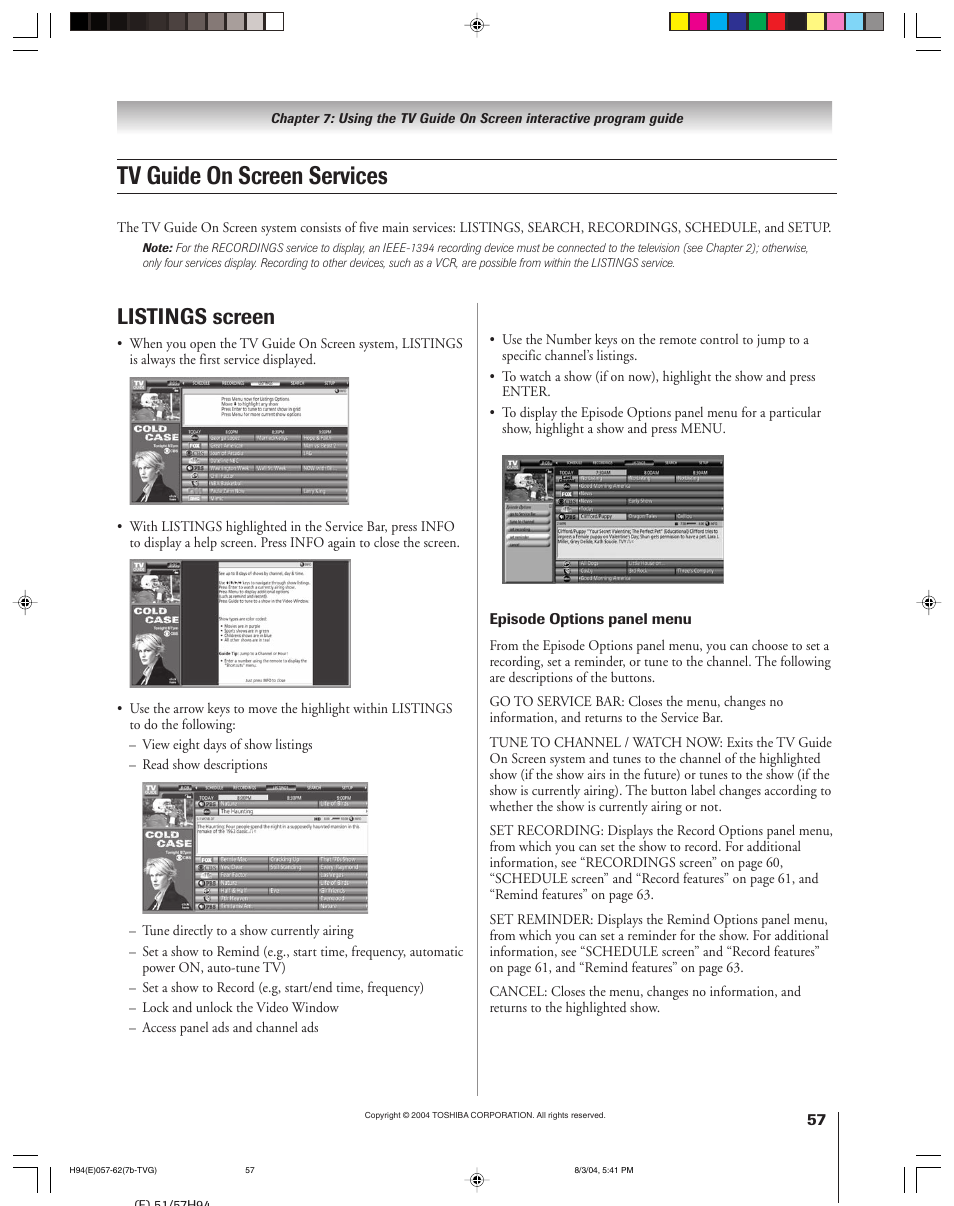 Tv guide on screen services, Listings screen | Toshiba 51H94 User Manual | Page 57 / 104