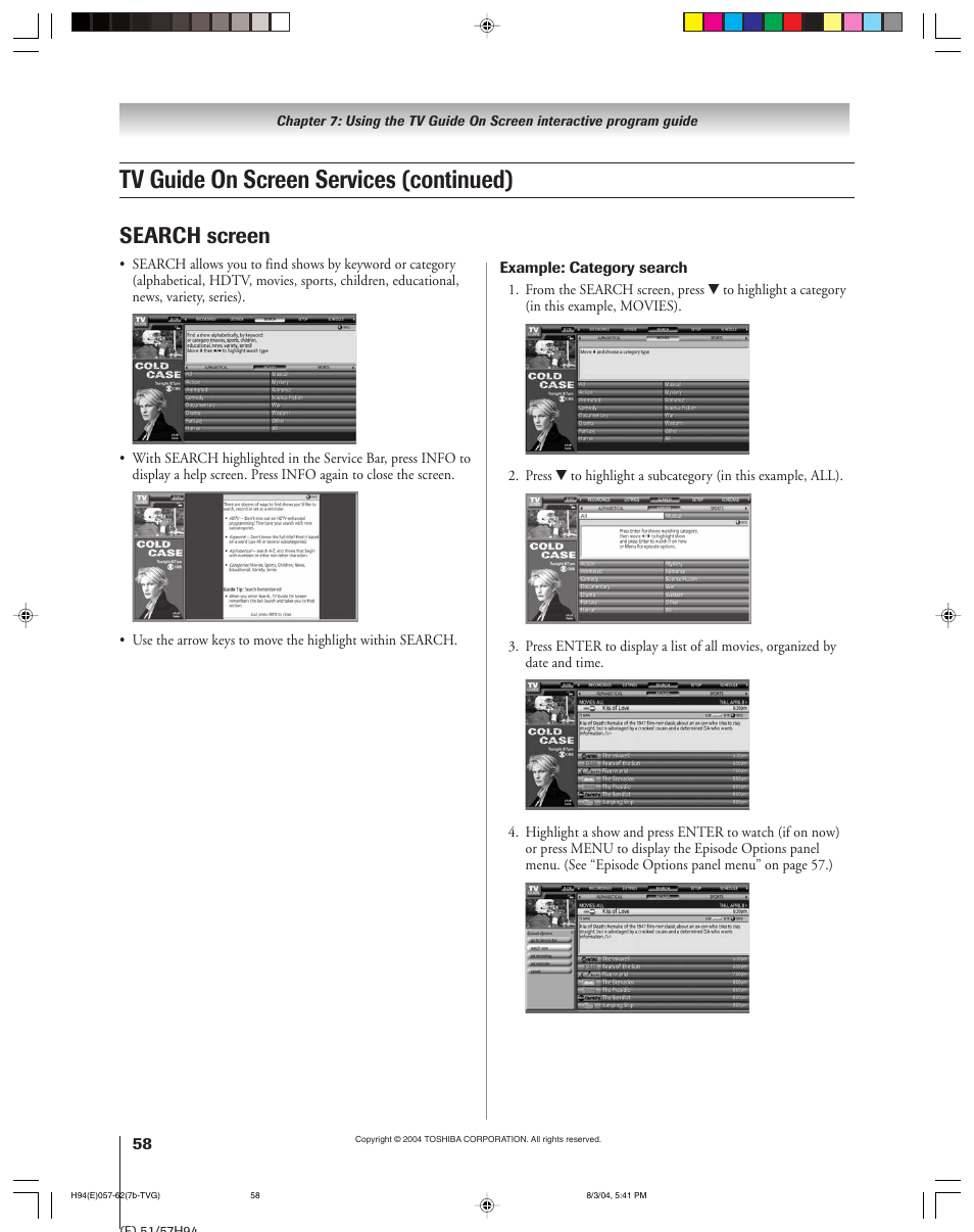 Tv guide on screen services (continued), Search screen | Toshiba 51H94 User Manual | Page 58 / 104