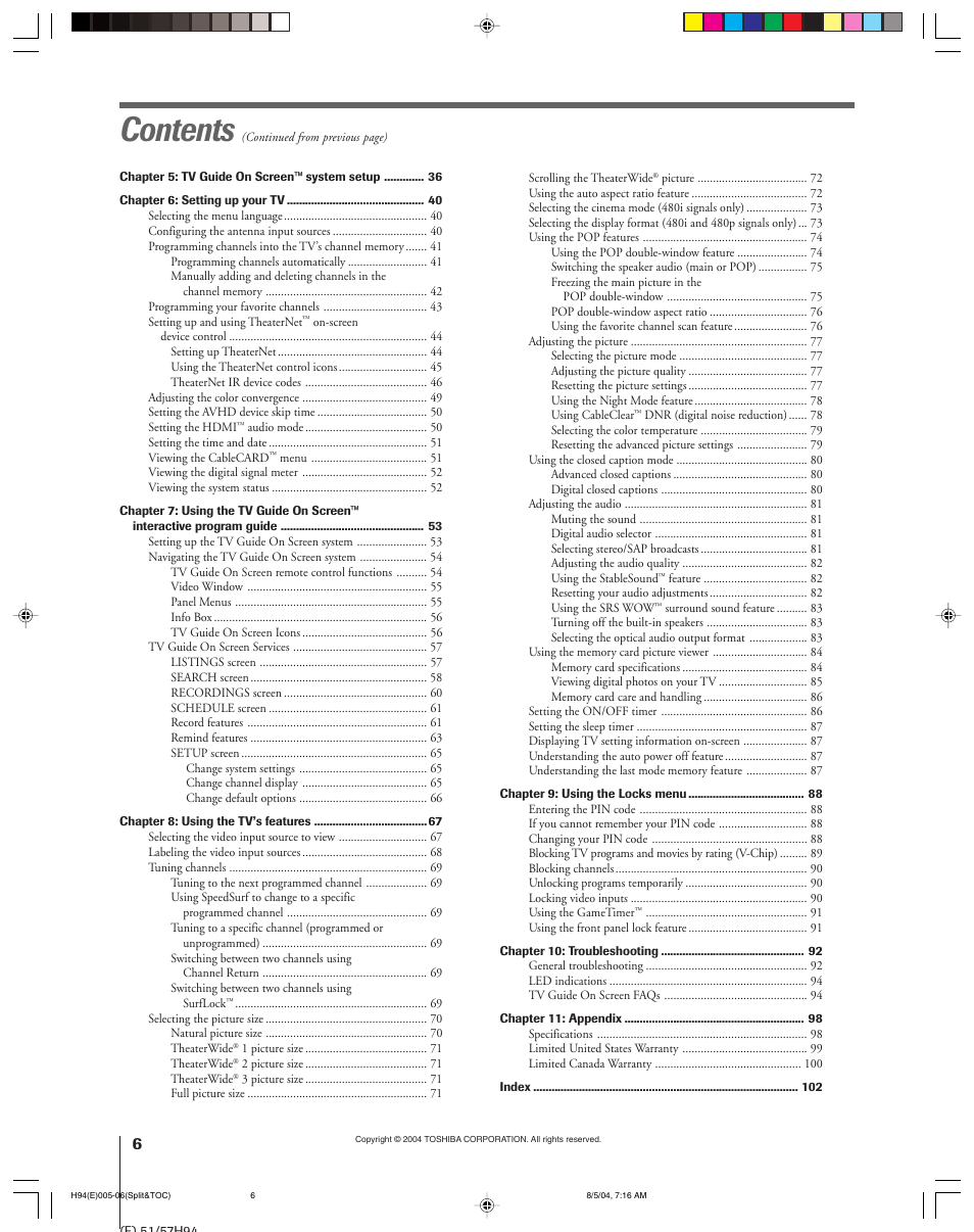 Toshiba 51H94 User Manual | Page 6 / 104