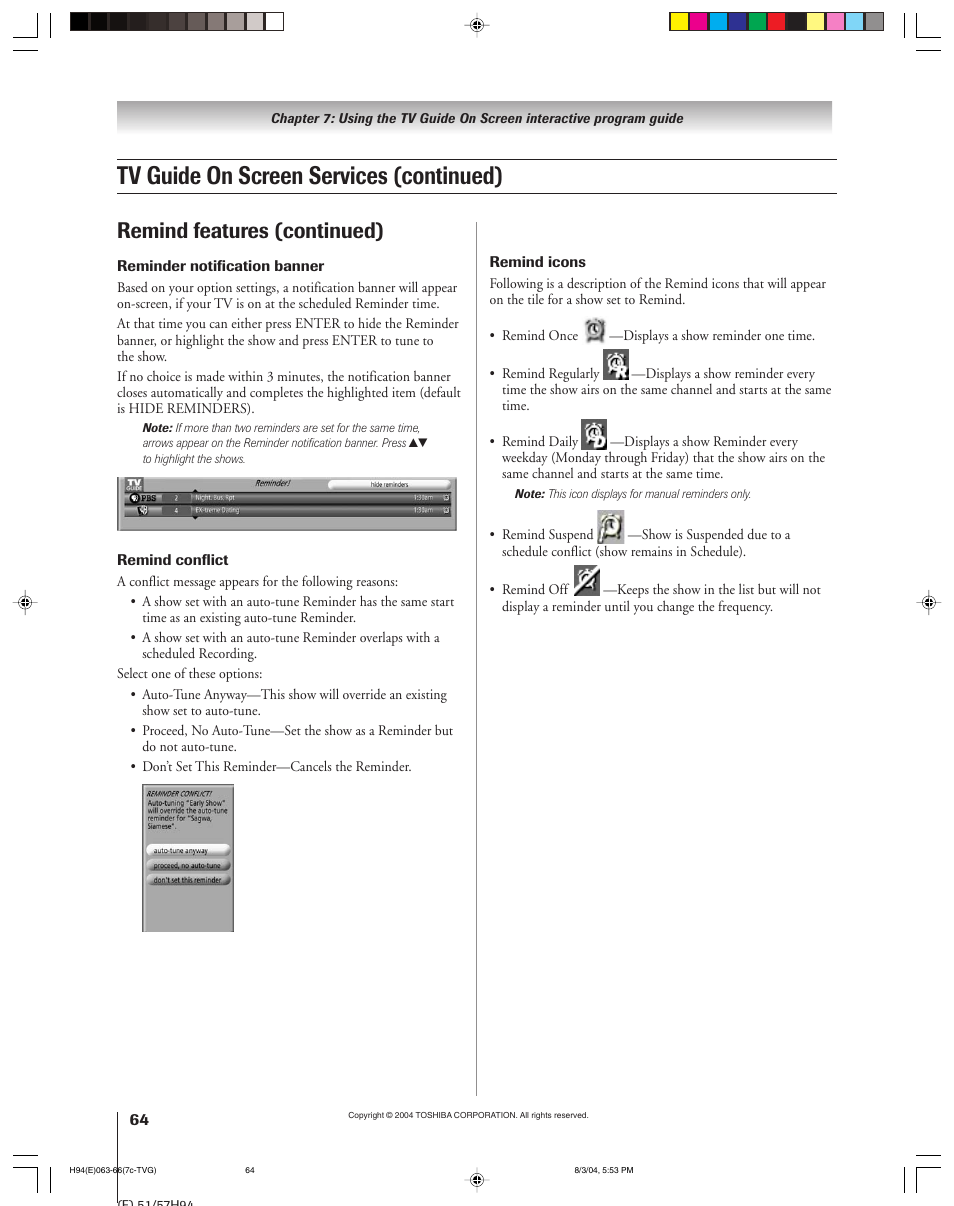 Tv guide on screen services (continued), Remind features (continued) | Toshiba 51H94 User Manual | Page 64 / 104