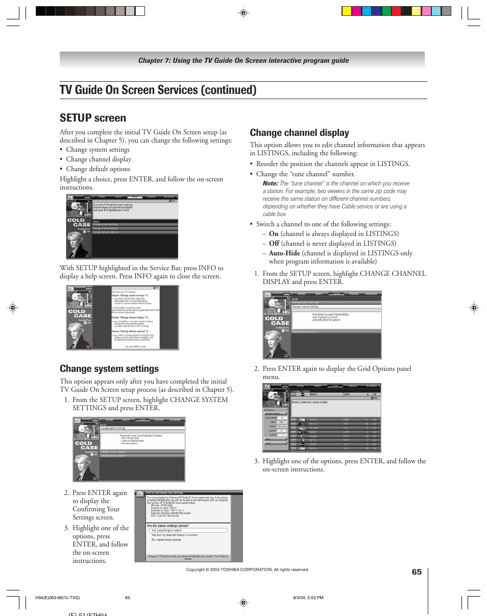 Tv guide on screen services (continued), Setup screen, Change system settings | Change channel display | Toshiba 51H94 User Manual | Page 65 / 104