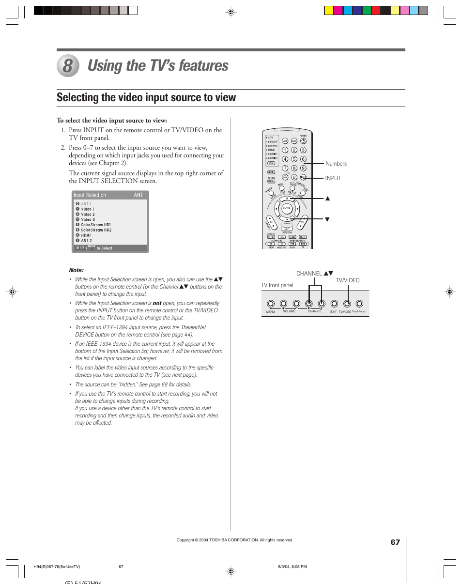 Using the tv’s features, Selecting the video input source to view | Toshiba 51H94 User Manual | Page 67 / 104