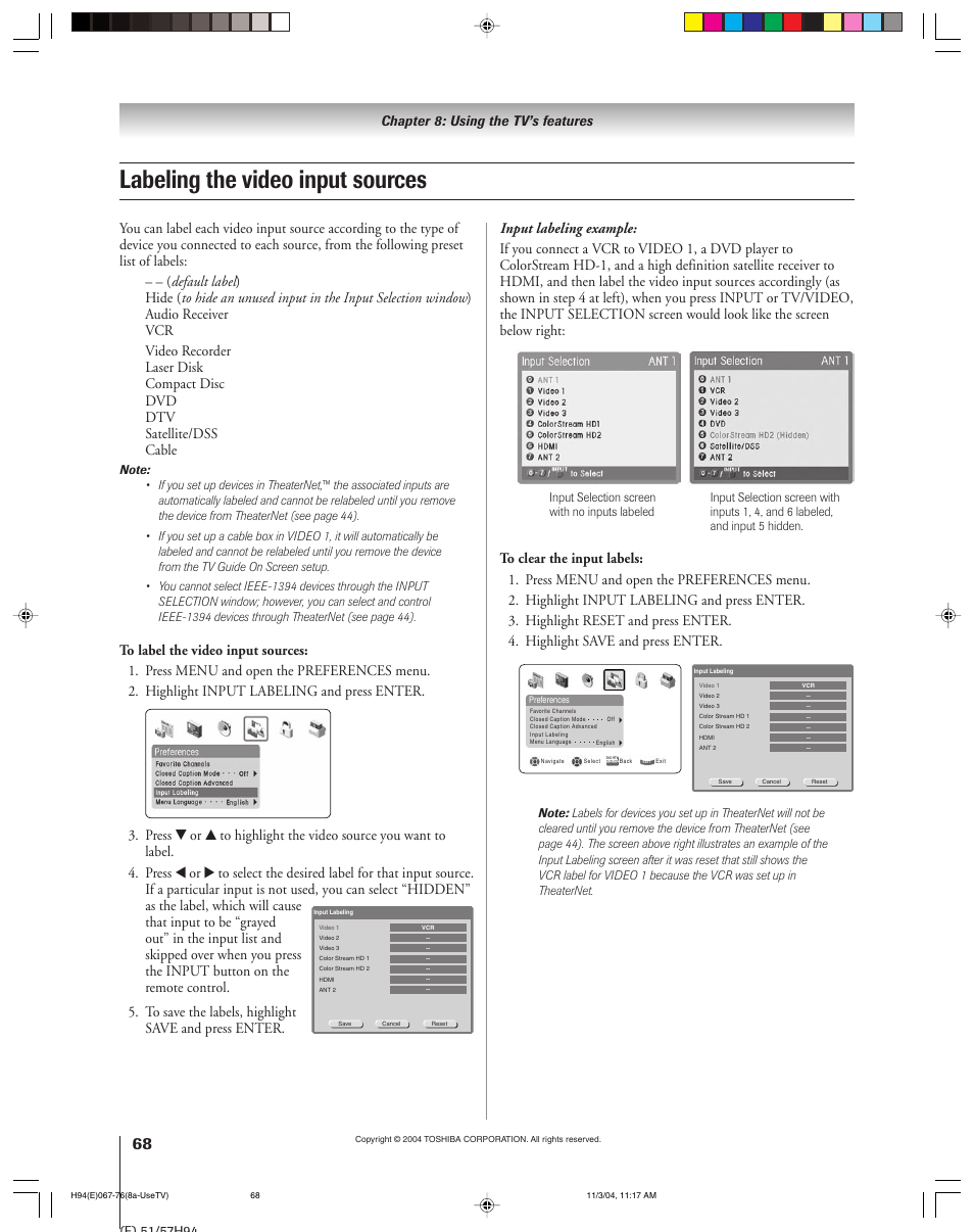 Labeling the video input sources, Chapter 8: using the tv’s features | Toshiba 51H94 User Manual | Page 68 / 104