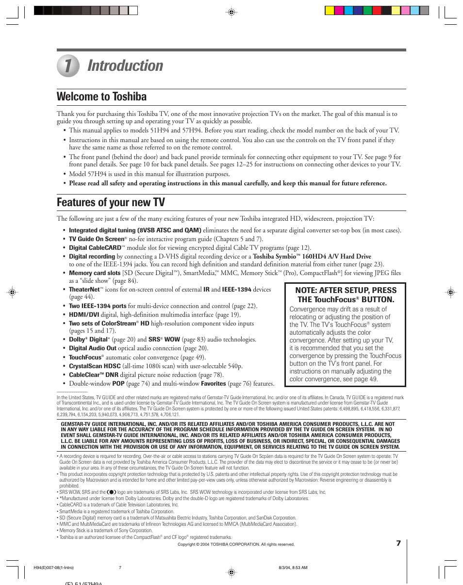 Introduction, Welcome to toshiba features of your new tv | Toshiba 51H94 User Manual | Page 7 / 104