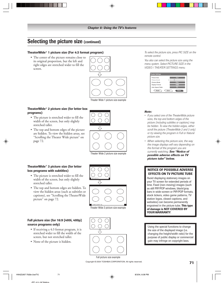 Selecting the picture size, Continued) | Toshiba 51H94 User Manual | Page 71 / 104