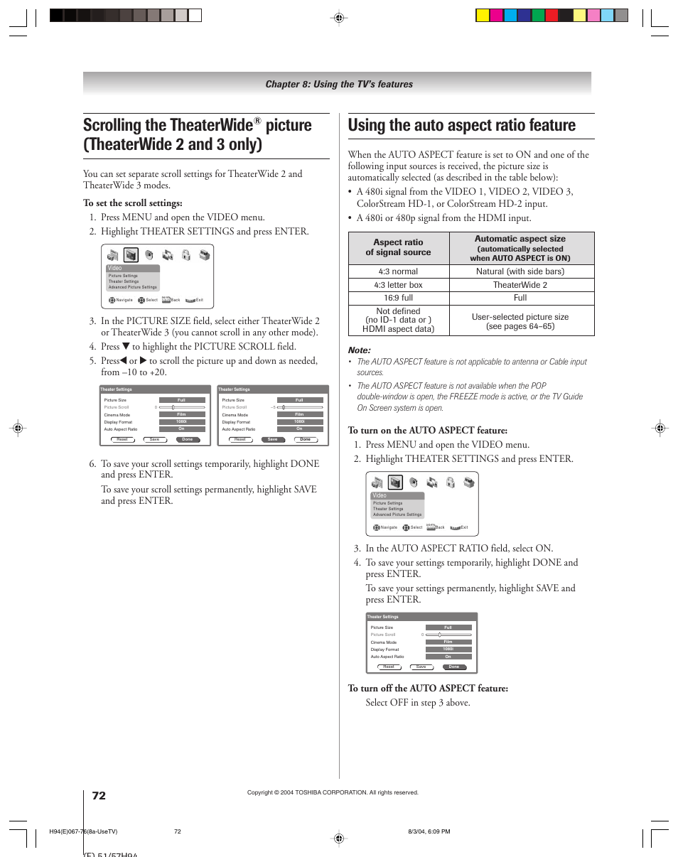 Using the auto aspect ratio feature, Scrolling the theaterwide, Picture (theaterwide 2 and 3 only) | Chapter 8: using the tv’s features | Toshiba 51H94 User Manual | Page 72 / 104