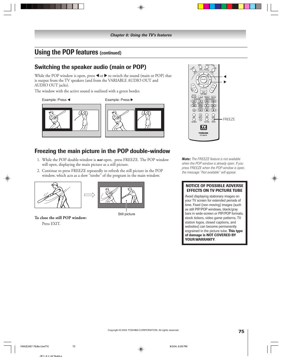 Using the pop features, Freezing the main picture in the pop double-window, Switching the speaker audio (main or pop) | Toshiba 51H94 User Manual | Page 75 / 104