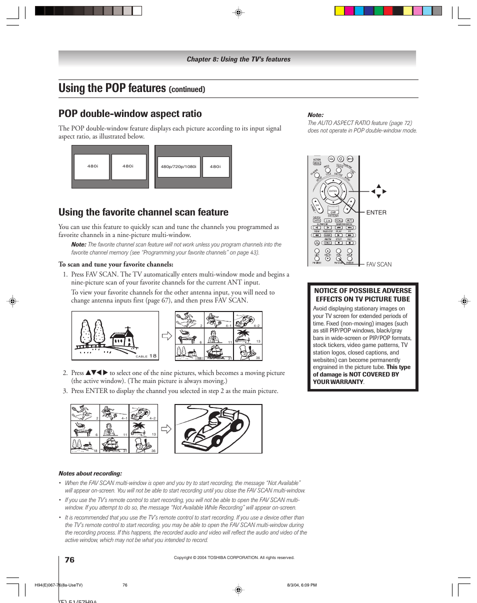 Using the pop features, Pop double-window aspect ratio, Using the favorite channel scan feature | Continued) | Toshiba 51H94 User Manual | Page 76 / 104