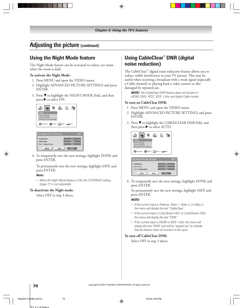 Adjusting the picture, Using cableclear, Dnr (digital noise reduction) | Using the night mode feature, Continued) | Toshiba 51H94 User Manual | Page 78 / 104