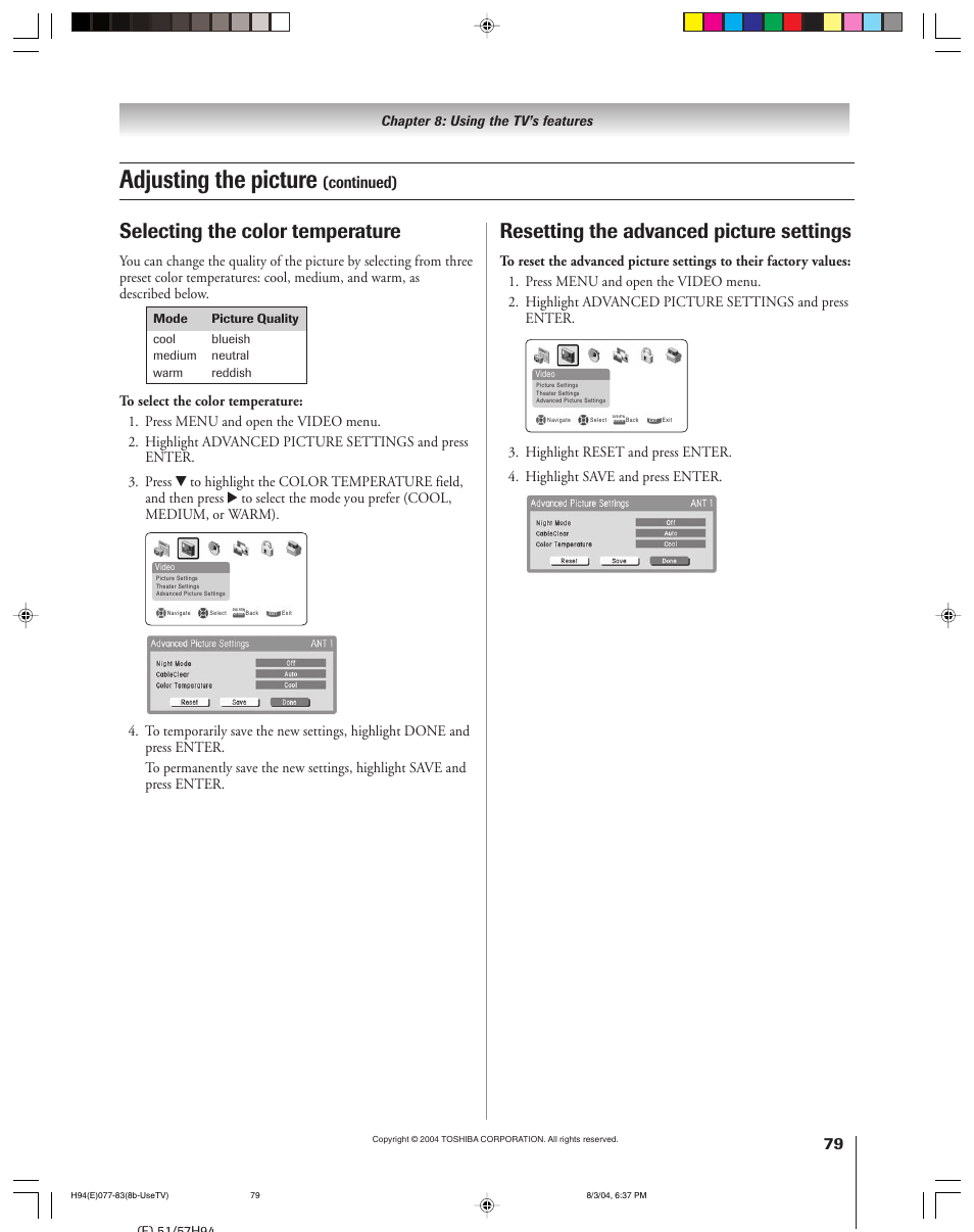 Adjusting the picture, Selecting the color temperature, Resetting the advanced picture settings | Continued) | Toshiba 51H94 User Manual | Page 79 / 104