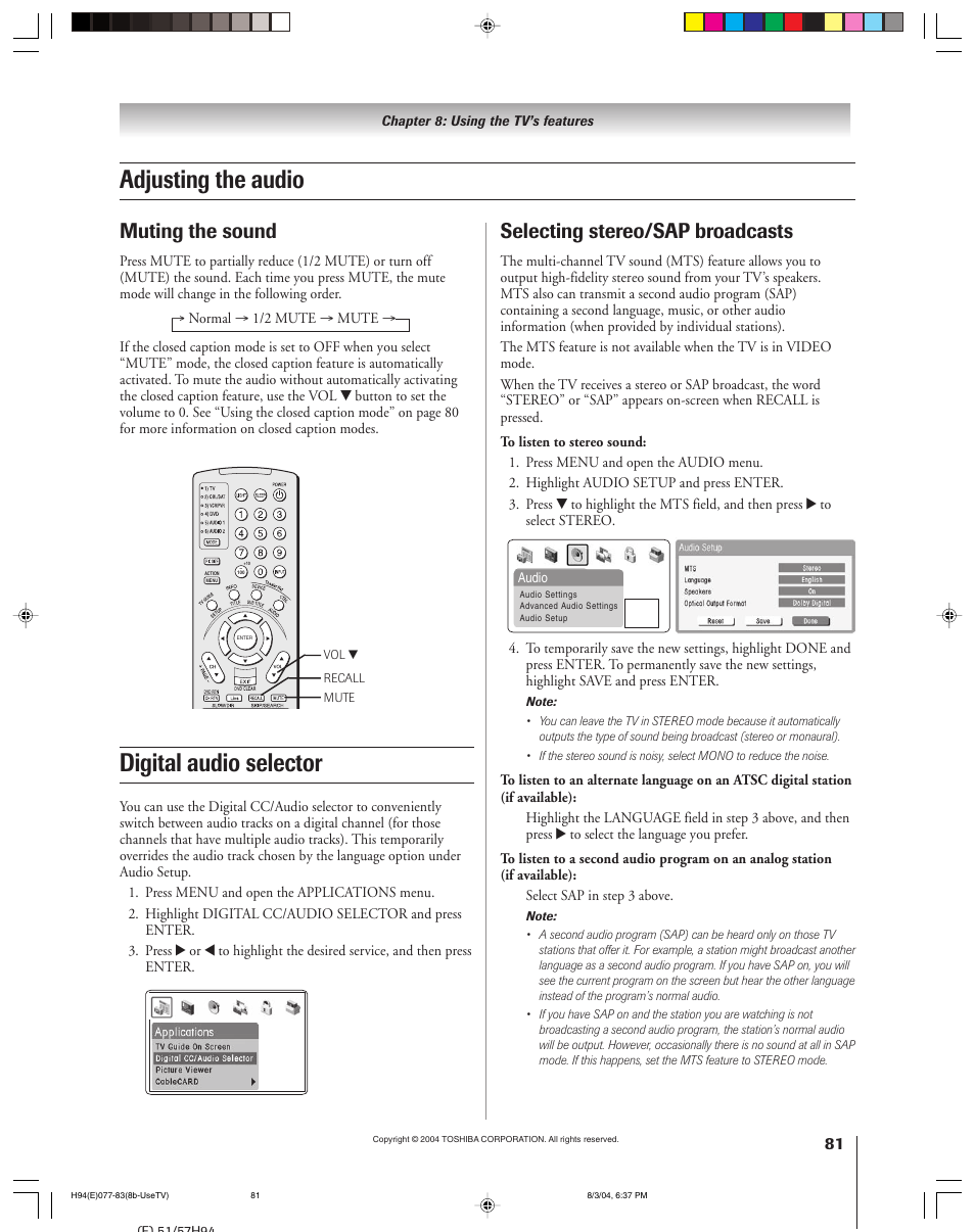 Adjusting the audio, Digital audio selector, Muting the sound | Selecting stereo/sap broadcasts | Toshiba 51H94 User Manual | Page 81 / 104