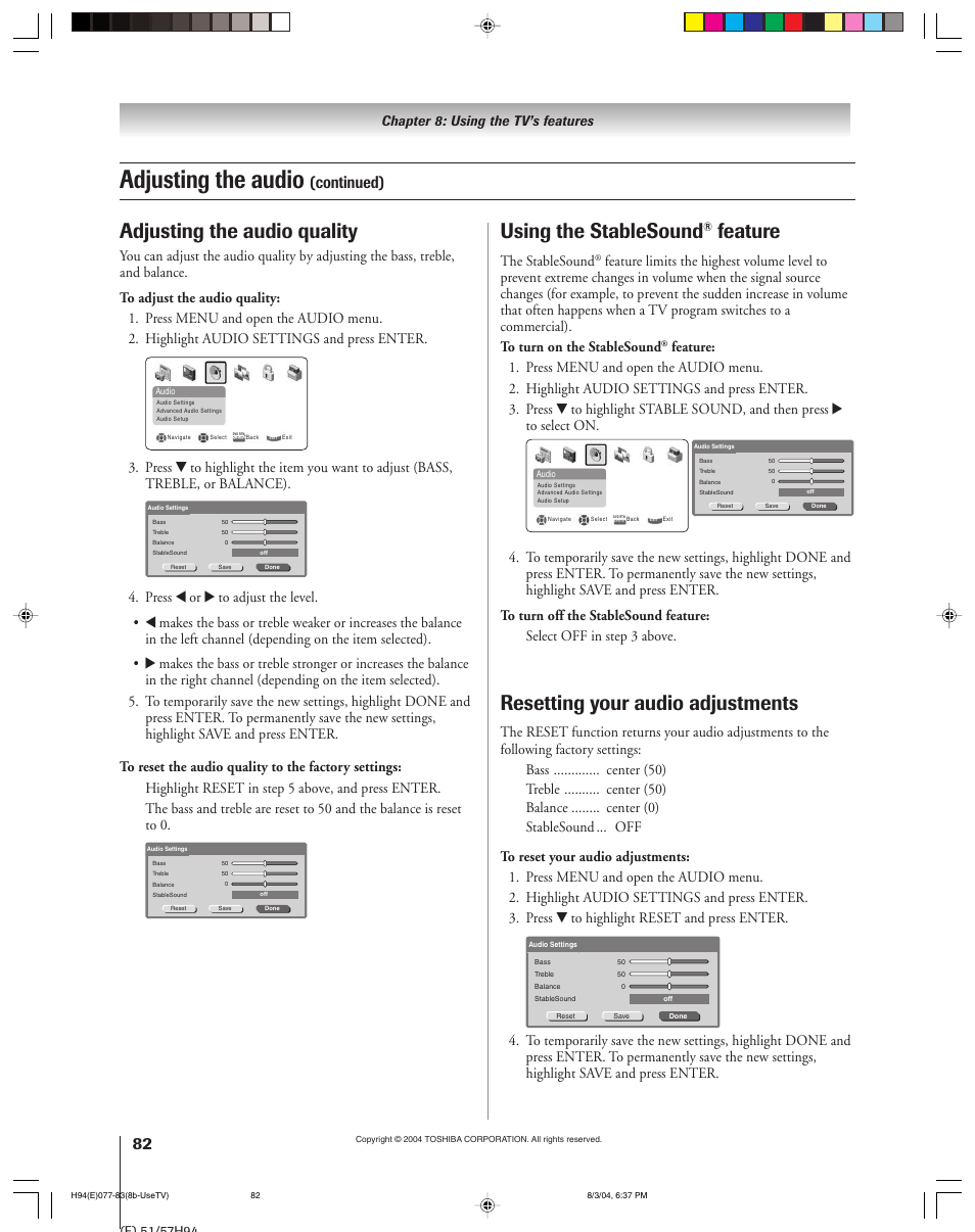 Adjusting the audio, Using the stablesound, Feature | Resetting your audio adjustments, Adjusting the audio quality, Continued), The stablesound, Chapter 8: using the tv’s features | Toshiba 51H94 User Manual | Page 82 / 104