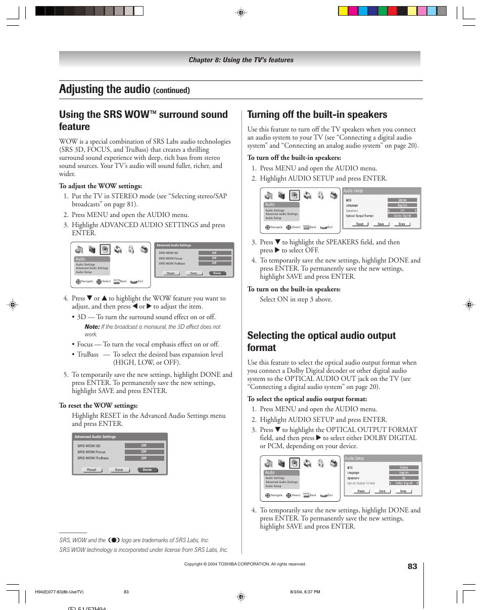 Adjusting the audio, Using the srs wow™ surround sound feature, Turning off the built-in speakers | Selecting the optical audio output format, Continued) | Toshiba 51H94 User Manual | Page 83 / 104