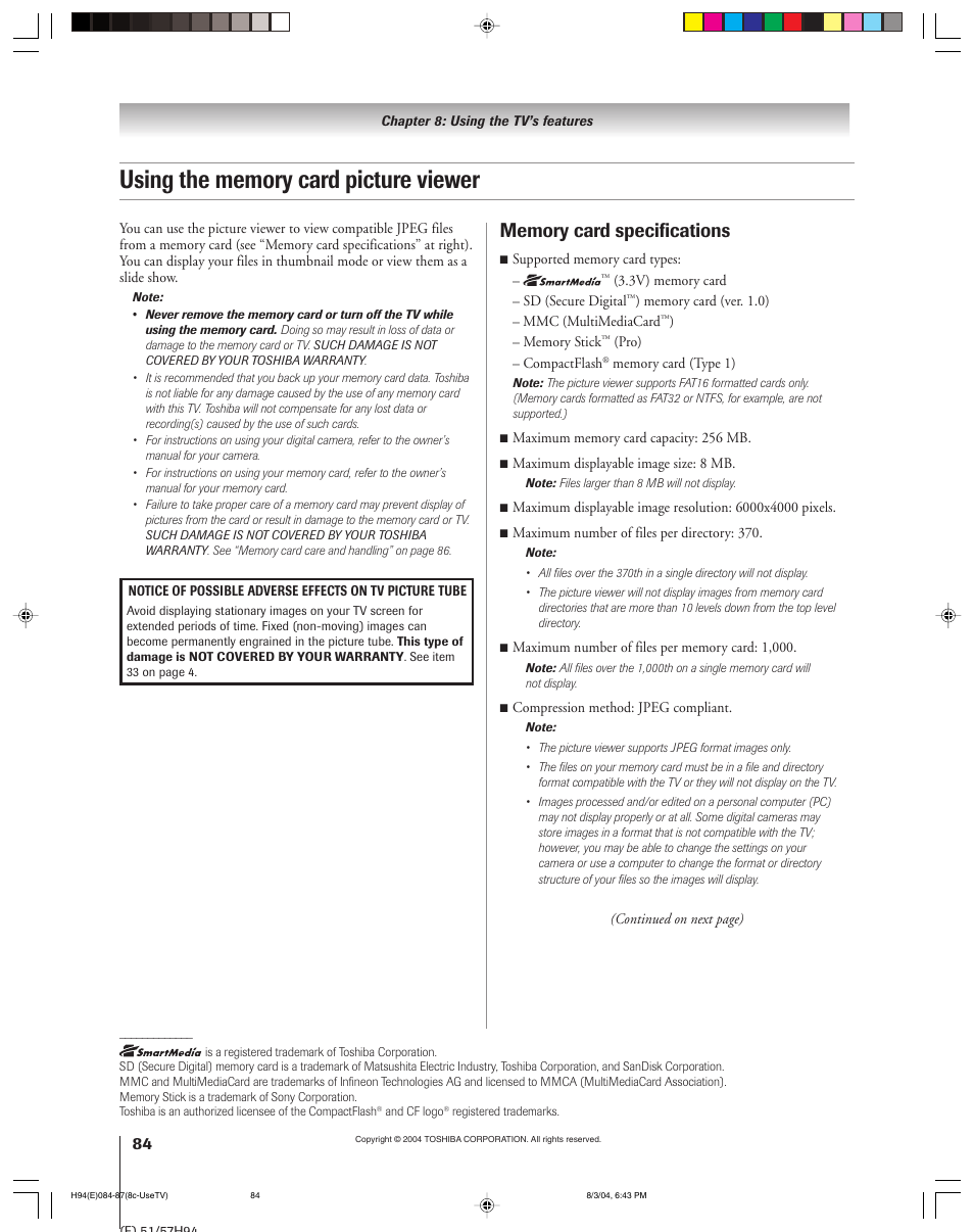 Toshiba 51H94 User Manual | Page 84 / 104