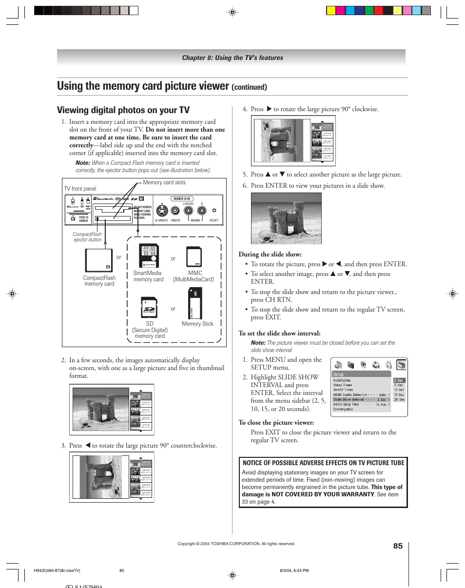 Viewing digital photos on your tv, Continued), Press • to rotate the large picture 90° clockwise | Chapter 8: using the tv’s features | Toshiba 51H94 User Manual | Page 85 / 104