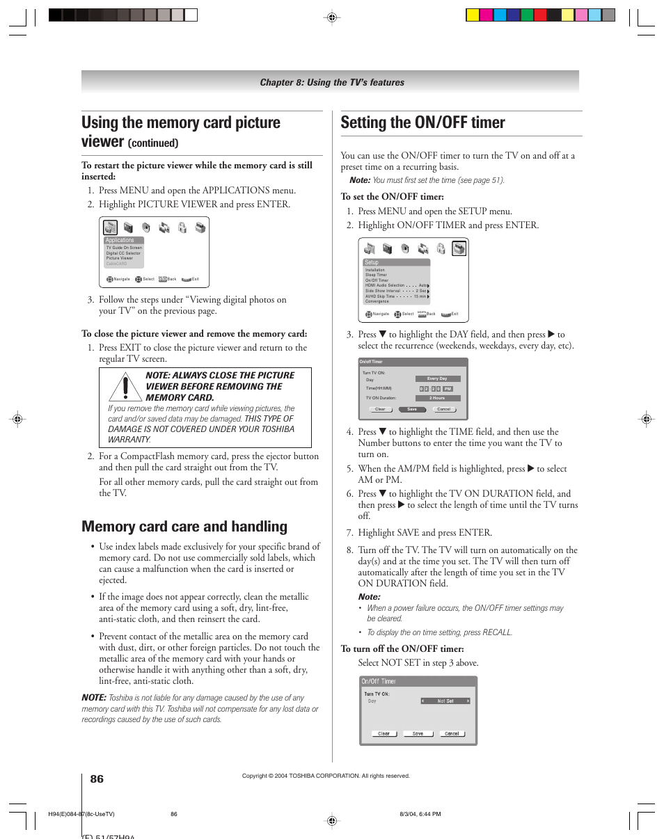 Setting the on/off timer, Continued) | Toshiba 51H94 User Manual | Page 86 / 104
