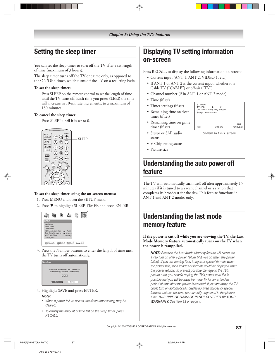 Displaying tv setting information on-screen, Understanding the auto power off feature, Setting the sleep timer | Highlight save and press enter | Toshiba 51H94 User Manual | Page 87 / 104