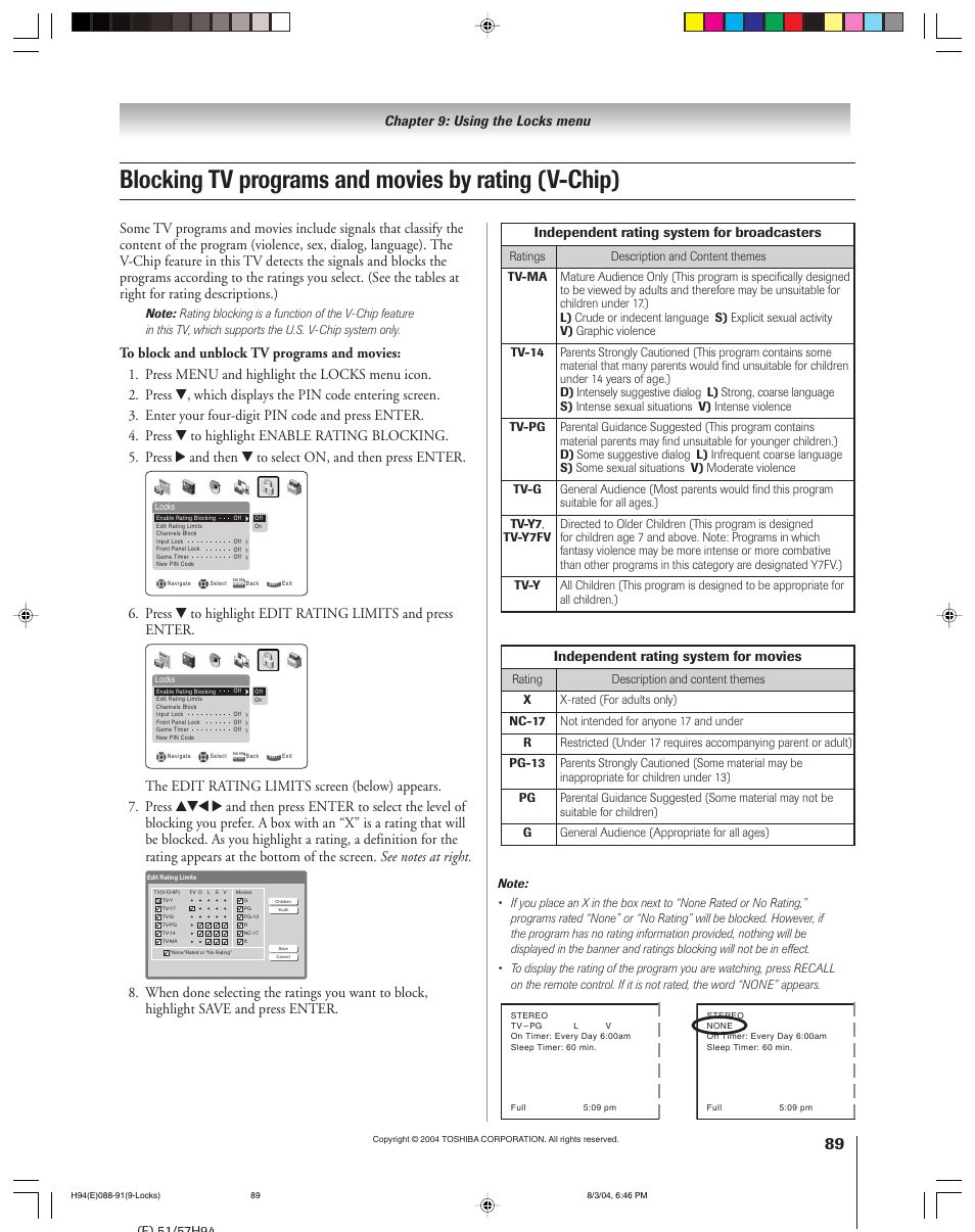 Blocking tv programs and movies by rating (v-chip), Chapter 9: using the locks menu, Independent rating system for broadcasters | Independent rating system for movies | Toshiba 51H94 User Manual | Page 89 / 104