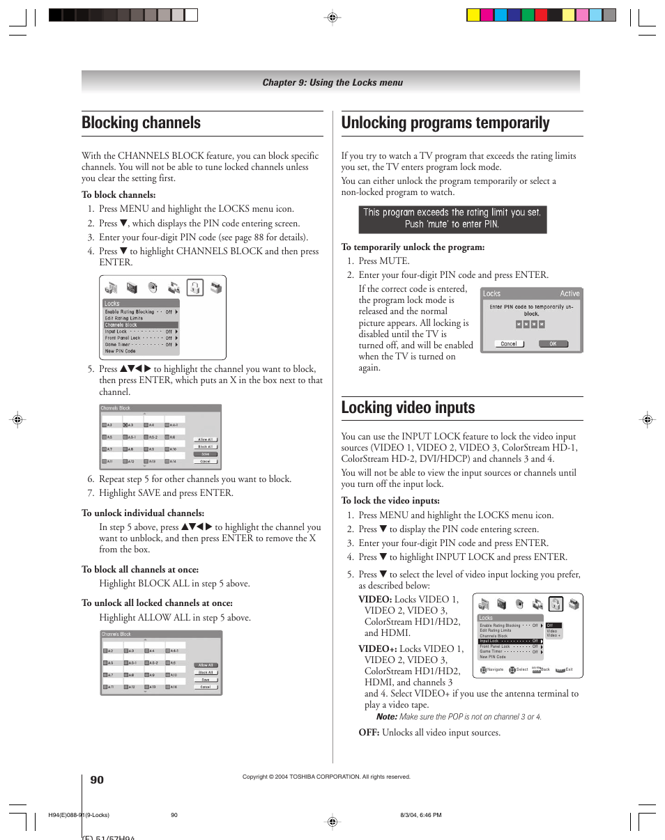 Locking video inputs, Blocking channels, Unlocking programs temporarily | Off: unlocks all video input sources | Toshiba 51H94 User Manual | Page 90 / 104