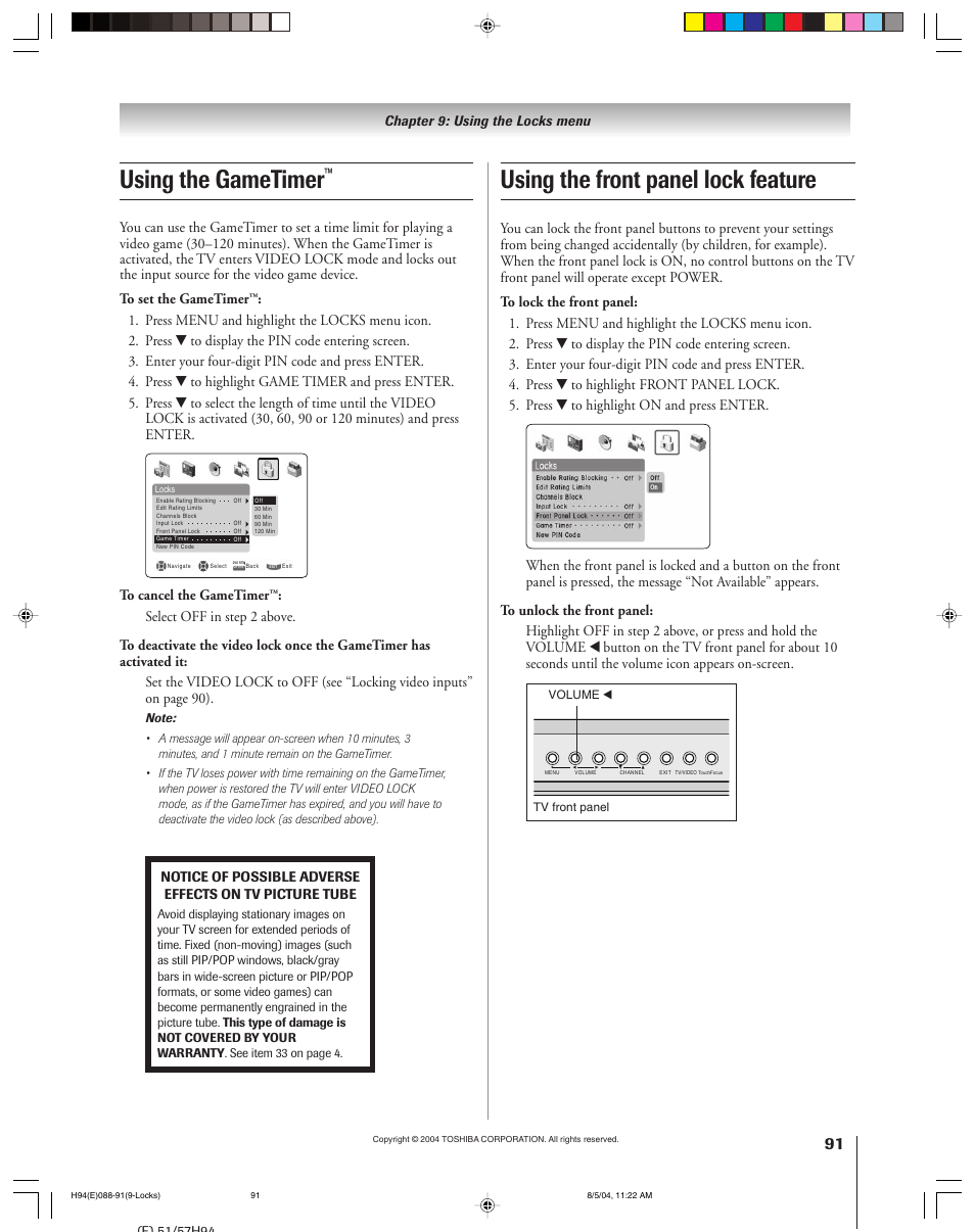 Using the gametimer, Using the front panel lock feature, Chapter 9: using the locks menu | Toshiba 51H94 User Manual | Page 91 / 104