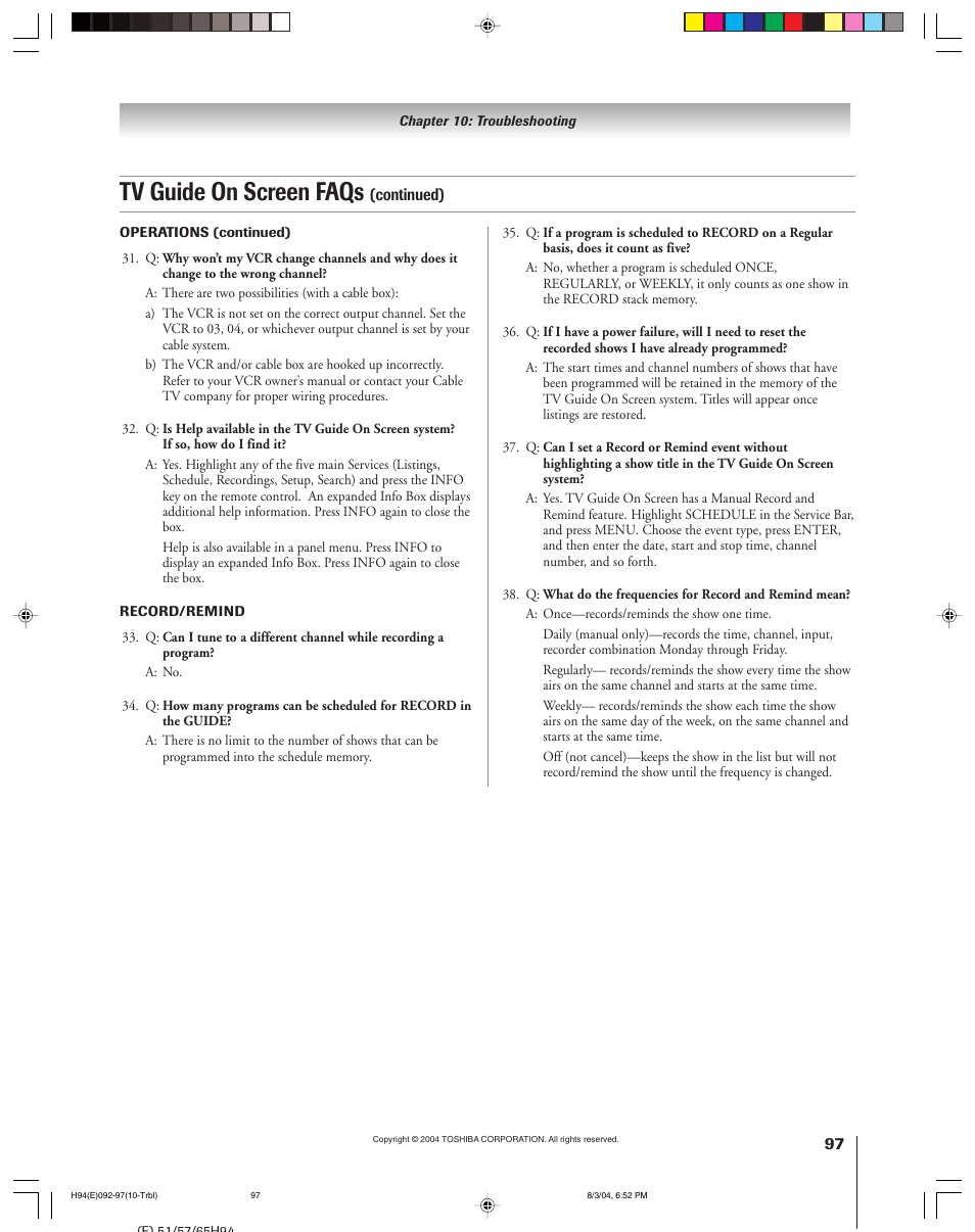 Tv guide on screen faqs | Toshiba 51H94 User Manual | Page 97 / 104