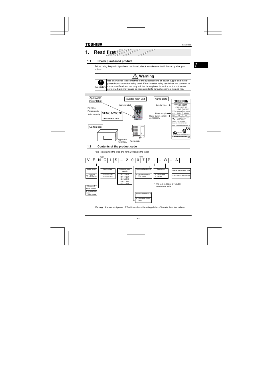 Read first, Warning | Toshiba VF-nC1 User Manual | Page 10 / 143