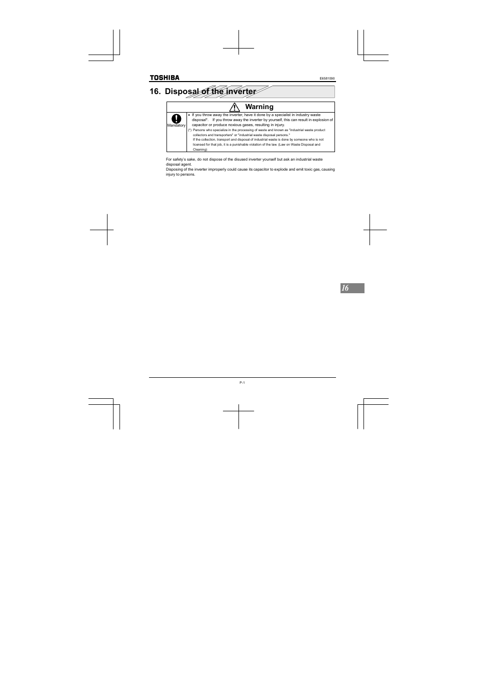 Disposal of the inverter, Warning | Toshiba VF-nC1 User Manual | Page 142 / 143