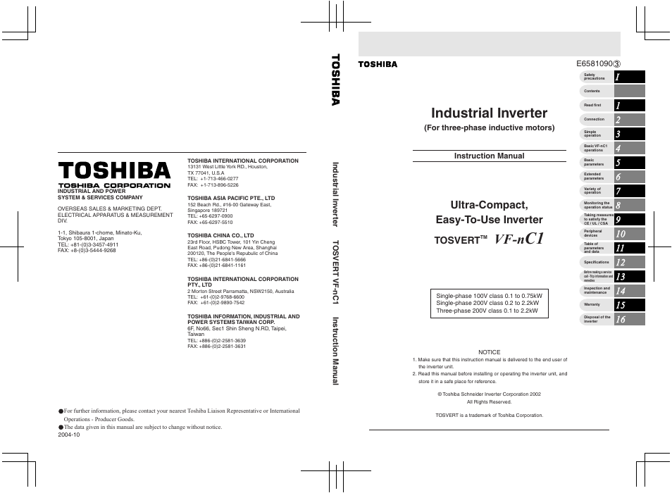 Toshiba, Vf-n, Industrial inverter | Ultra-compact, easy-to-use inverter, Tosvert | Toshiba VF-nC1 User Manual | Page 143 / 143